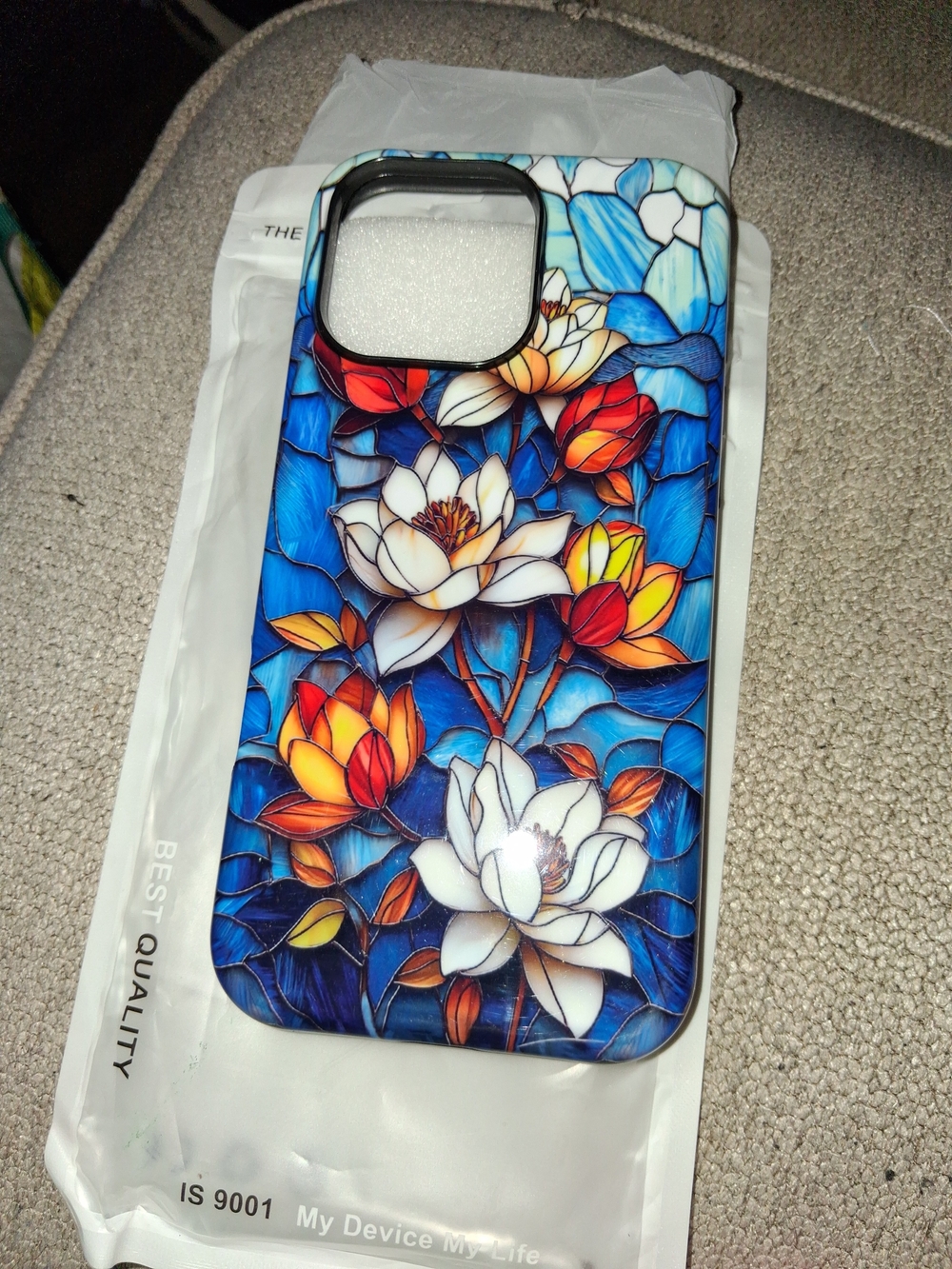 Blue Stained-Glass Floral Phone Case with White & Orange Blooms
